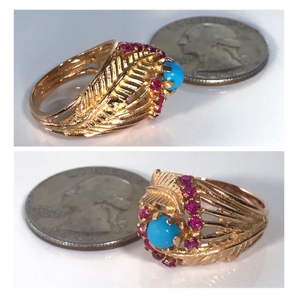 18KT SOLID GOLD ANTIQUE TURQUOISE & RUBY RING - 7.65 GRAMS!! - Picture 11 of 13